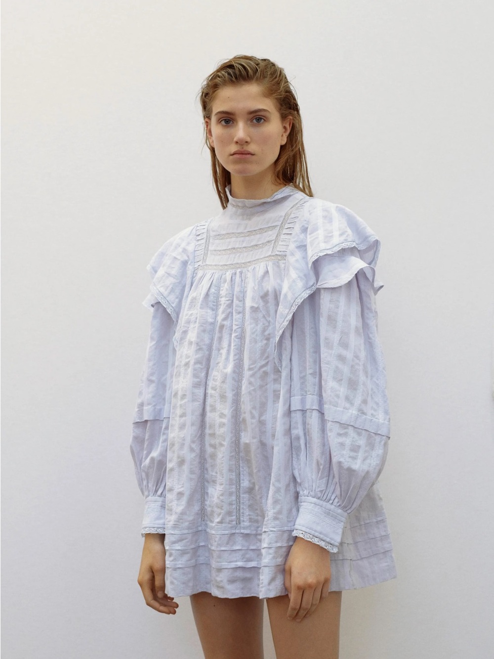 Isabel Marant Etoile Lace Stripe Embroidered RTW Fall 19 White Cotton Mini Dress